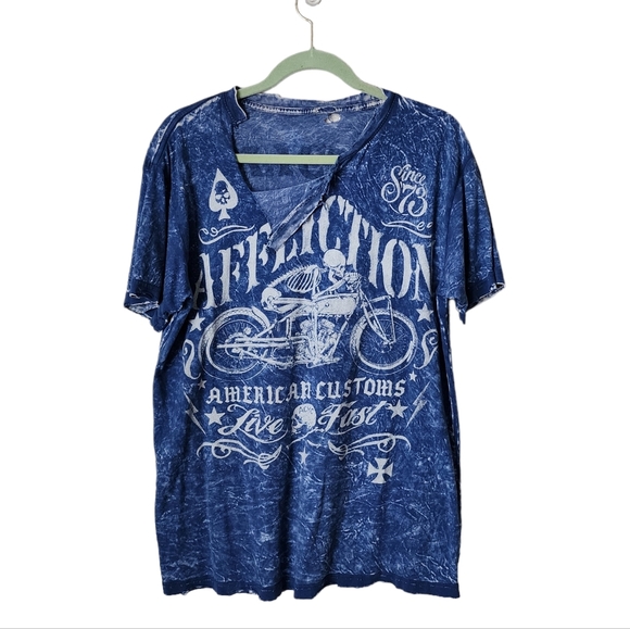 AFFLICTION Biker Core Thrashed graphic tee skull 13 motorcycle burnout in blue M - Picture 1 of 5